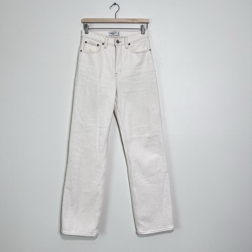 Abercrombie & Fitch 90s Relaxed High Rise Jeans Ecru White Straight Leg 27 Long - Picture 3 of 8